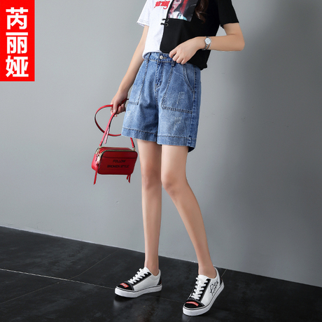 芮丽娅牛仔短裤女夏2018新款高腰韩版宽松显瘦chic直筒学生bf热裤商品大图