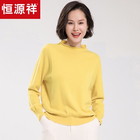 恒源祥打底纯羊毛衫女套头半高领针织衫2018秋冬卷边时尚纯色毛衣商品大图
