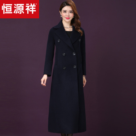恒源祥羊毛呢大衣女秋冬装新款气质修身呢子长外套双排扣纯色风衣商品大图