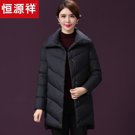 恒源祥2018冬季保暖羽绒服女装纯色休闲口袋单排扣直筒简约外套商品大图