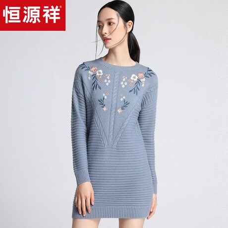 恒源祥羊绒衫女圆领中长款秋冬套头绣花毛衣连衣裙厚款圆领打底衫商品大图