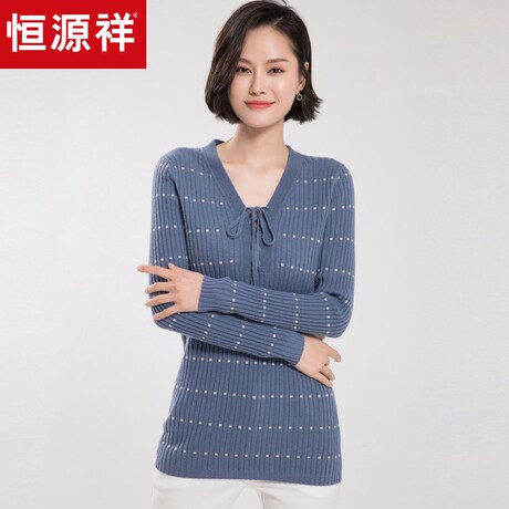 恒源祥秋冬装V领针织衫女套头纯羊毛衫2018新款绑带长袖毛衣 飘带商品大图