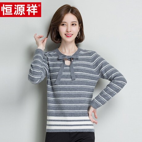 恒源祥羊毛衫女春秋季新款女士时尚打底衫长袖条纹针织衫套头商品大图