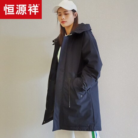 恒源祥冬季休闲工装羽绒服女中长款2018新款藏青色情侣外套 印花商品大图