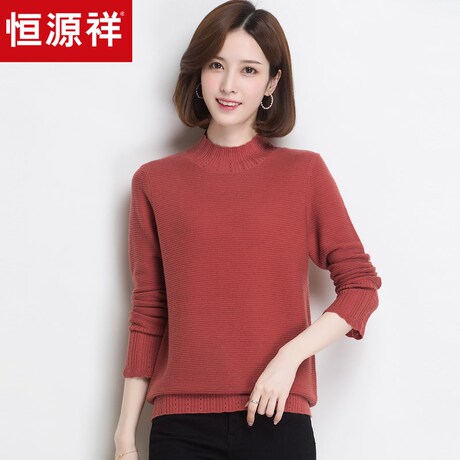 恒源祥纯羊毛衫女半高领2018秋冬新款纯色套头毛衣镂空打底针织衫商品大图