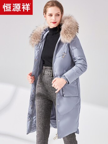 恒源祥羽绒服女中长款2018冬装大毛领抽绳大口袋拉链休闲保暖外套商品大图