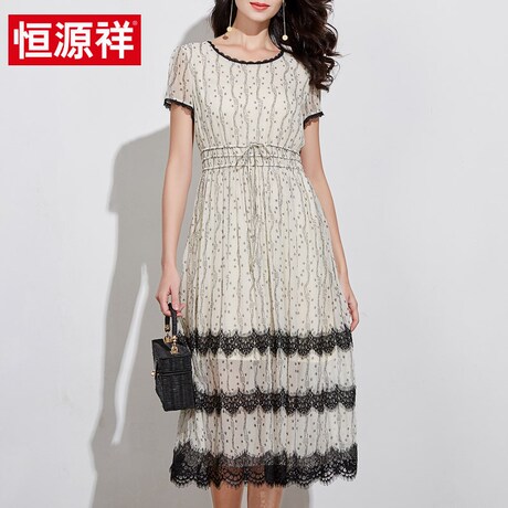 恒源祥2019春夏新款桑蚕女士连衣裙中长款过膝圆领真丝裙子女商品大图