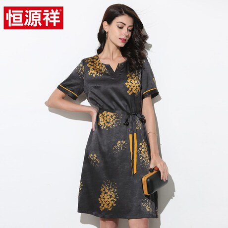 恒源祥2019新款春夏真丝中长款连衣裙女士桑蚕丝印花收腰女裙商品大图
