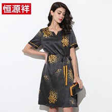 恒源祥2019新款春夏真丝中长款连衣裙女士桑蚕丝印花收腰女裙图片