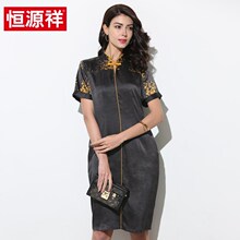 恒源祥2019春夏季新款真丝收腰修身中长款连衣裙女桑蚕丝长裙图片