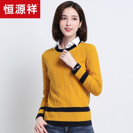 恒源祥女士圆领毛衣 秋冬套头打底衫纯羊毛修身弹力羊毛针织衫商品大图