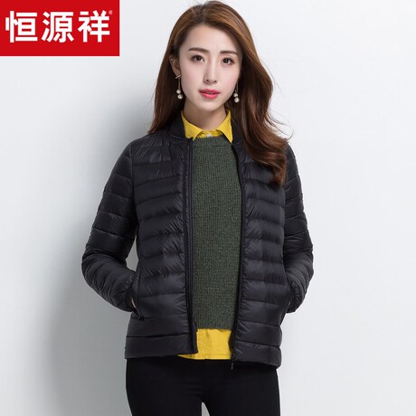 恒源祥羽绒服女轻薄秋季休闲棒球领拉链白鸭绒面包服短款薄外套女商品大图