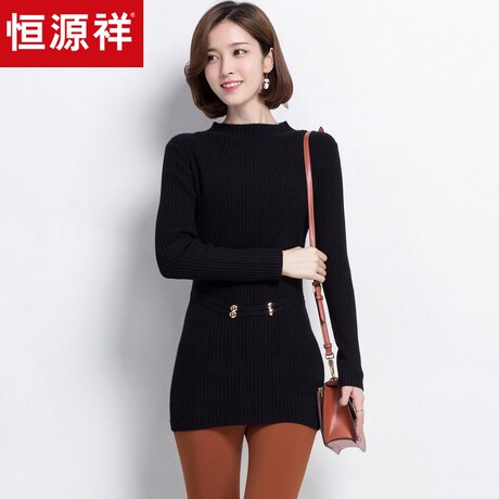 恒源祥羊绒衫女中长款修身弹力衫针织衫秋冬女装半高领纯羊绒毛衣商品大图