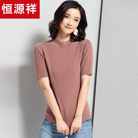 恒源祥短袖羊毛衫女秋装2018新款修身纯羊毛套头半高领针织衫毛衣商品大图