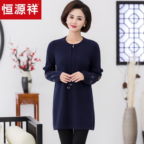 恒源祥中老年纯羊毛女装2018秋冬宽松系带绣花妈妈装中长款羊毛衫商品大图