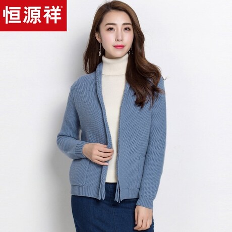 恒源祥羊毛衫女开衫2018秋季新款纯羊毛加厚针织衫外穿毛衣女外套商品大图