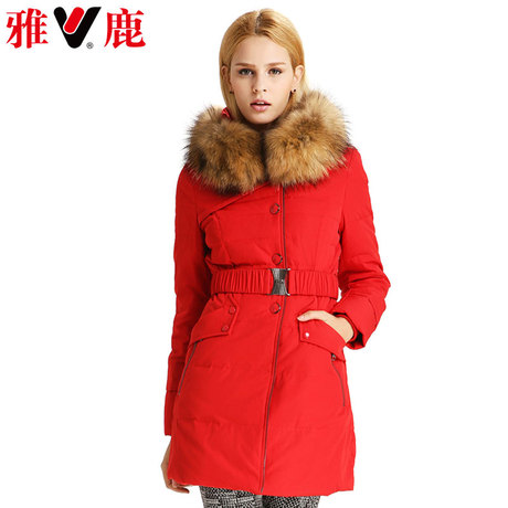yaloo/雅鹿时尚保暖貉子大毛领连帽中长款羽绒服女 修身显瘦外套商品大图