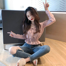 chic早秋复古显瘦系带百搭打底修身纯色长袖收腰短款针织衫上衣女