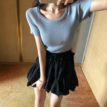 两件套潮 显瘦针织衫 短款 高腰纯色牛仔短裙时髦套装 修身 复古插肩袖