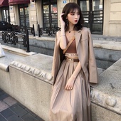 打底针织背心潮 秋装 百搭西装 时尚 高腰百褶半身裙 韩版 女2018新款