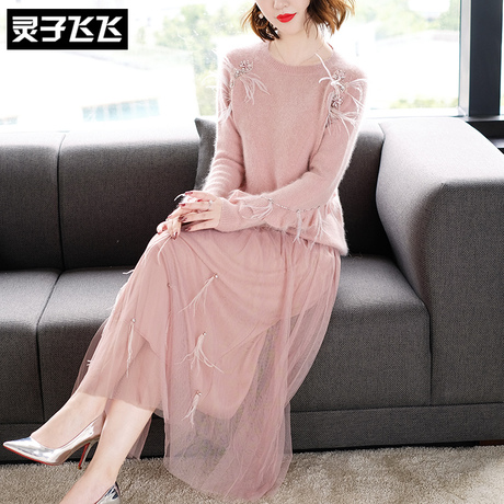 灵子飞飞时尚甜美圆领长袖针织女衫收腰网纱大摆少女减龄连衣裙商品大图