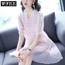 灵子飞飞欧美潮流新款V领甜美泡泡袖网纱A字减龄少女气质连衣裙图片