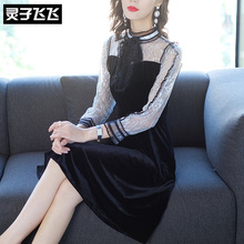 灵子飞飞欧美时尚新品立领蝴蝶结长袖蕾丝拼搭收腰A字长款连衣裙图片