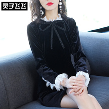 灵子飞飞欧美潮流新款木耳领长袖蝴蝶结拼花气质名媛瘦身连衣裙图片
