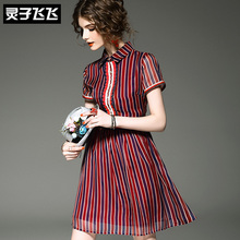 灵子飞飞2018短袖荷叶花边系扣翻领小清新条纹夏季清凉淑女连衣裙图片