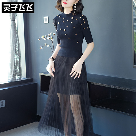 灵子飞飞时尚清新打底针织衫收腰百褶网纱女长裙通勤减龄女套装商品大图
