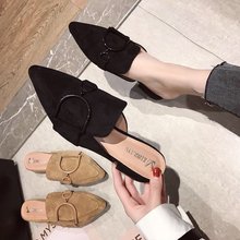 女鞋2019新款春季金属方扣尖头浅口绒面包头半拖粗跟百搭网红拖鞋