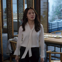 上衣春 女喇叭袖 衣服米柏咨飘带V领雪纺衬衫 都挺好苏明玉姚晨同款