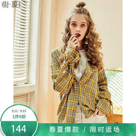 树夏2018早秋新款喇叭袖学院bf风chic韩版宽松格子衬衫上衣女装商品大图