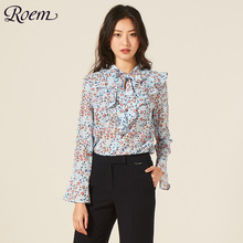 Roem2019春季新款女士森系优雅喇叭袖领带碎花休闲上衣淑女衬衫