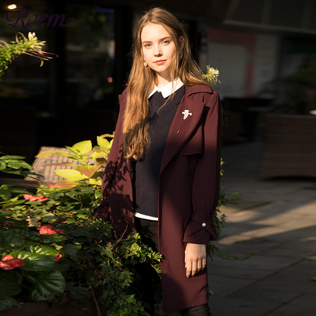 Roem洛妍女装珍珠装饰纯色chic中长款淑女风衣外套RCJT74902C商品大图