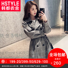 韩都衣舍旗舰店2018韩版女装秋装腰带双排扣格子中长款风衣女外套图片