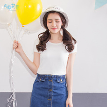 阁楼花开短款韩版上衣女夏修身显瘦弹力纯色圆领潮短袖打底衫T恤图片