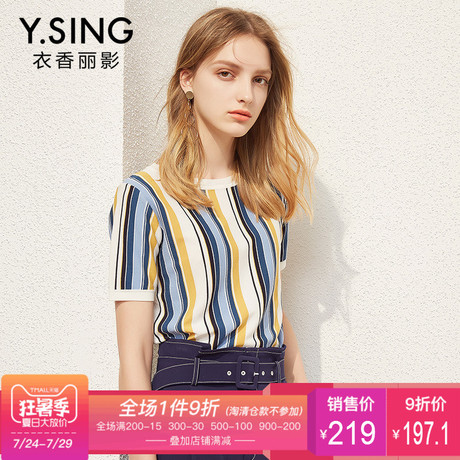 针织衫女套头短袖条纹衣香丽影2018夏装新款时尚低圆领薄款上衣商品大图