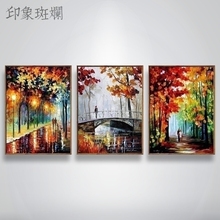 现代简约 厚油刀画现代北欧三联组合画手绘油画刀画 夜景刀画