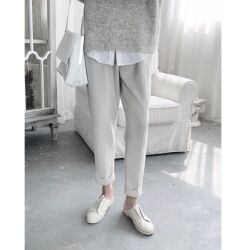 阿茶与阿古两色桃皮绒松紧时髦百搭款休闲裤