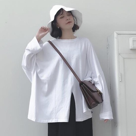 白色长袖t恤女秋天韩版宽松大码女装网红同款不规则开叉上衣服潮商品大图