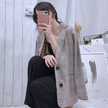 秋季女装新款韩版薄款chic西装宽松休闲格子复古西服外套长袖上衣