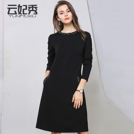 mm胖妹妹秋装季连衣裙2018新款大码女装洋气显瘦长袖直筒裙子黑女商品大图