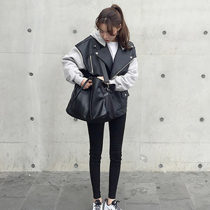 2018春秋韩版pu皮拼接连帽机车服女式宽松学生休闲外套夹克皮衣女