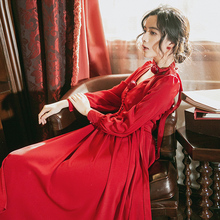 维多利亚女王 法式高贵优雅红裙复古V领玫瑰胸花绑带连衣裙