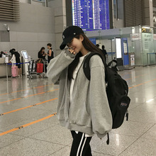 chic拉链外套bf宽松开衫 新款 灰色卫衣女连帽2018春秋装 原宿风上衣