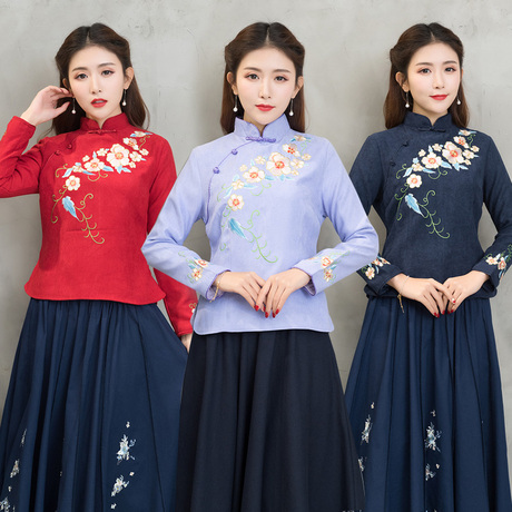清仓唐装女立领茶人服中国风秋冬日常长袖丝绒旗袍显瘦刺绣花上衣商品大图