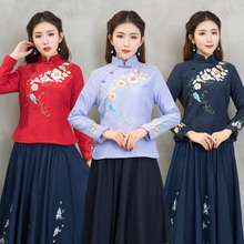 清仓唐装女立领茶人服中国风秋冬日常长袖丝绒旗袍显瘦刺绣花上衣图片