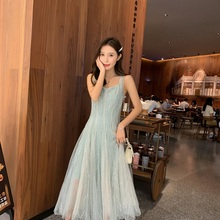 2019夏季复古名媛气质吊带蕾丝网纱亮片闪闪聚会度假连衣裙长裙仙