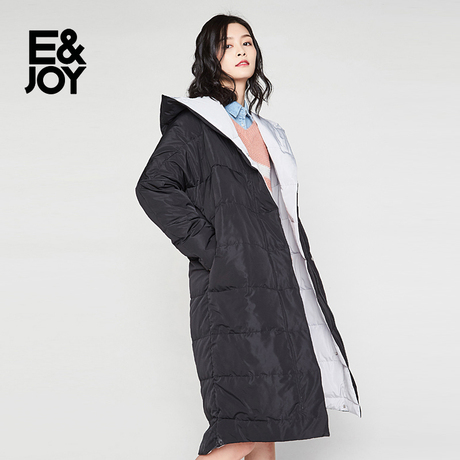 艾格E＆joy2018冬季简约纯色保暖加厚连帽中长款羽绒服女M097商品大图